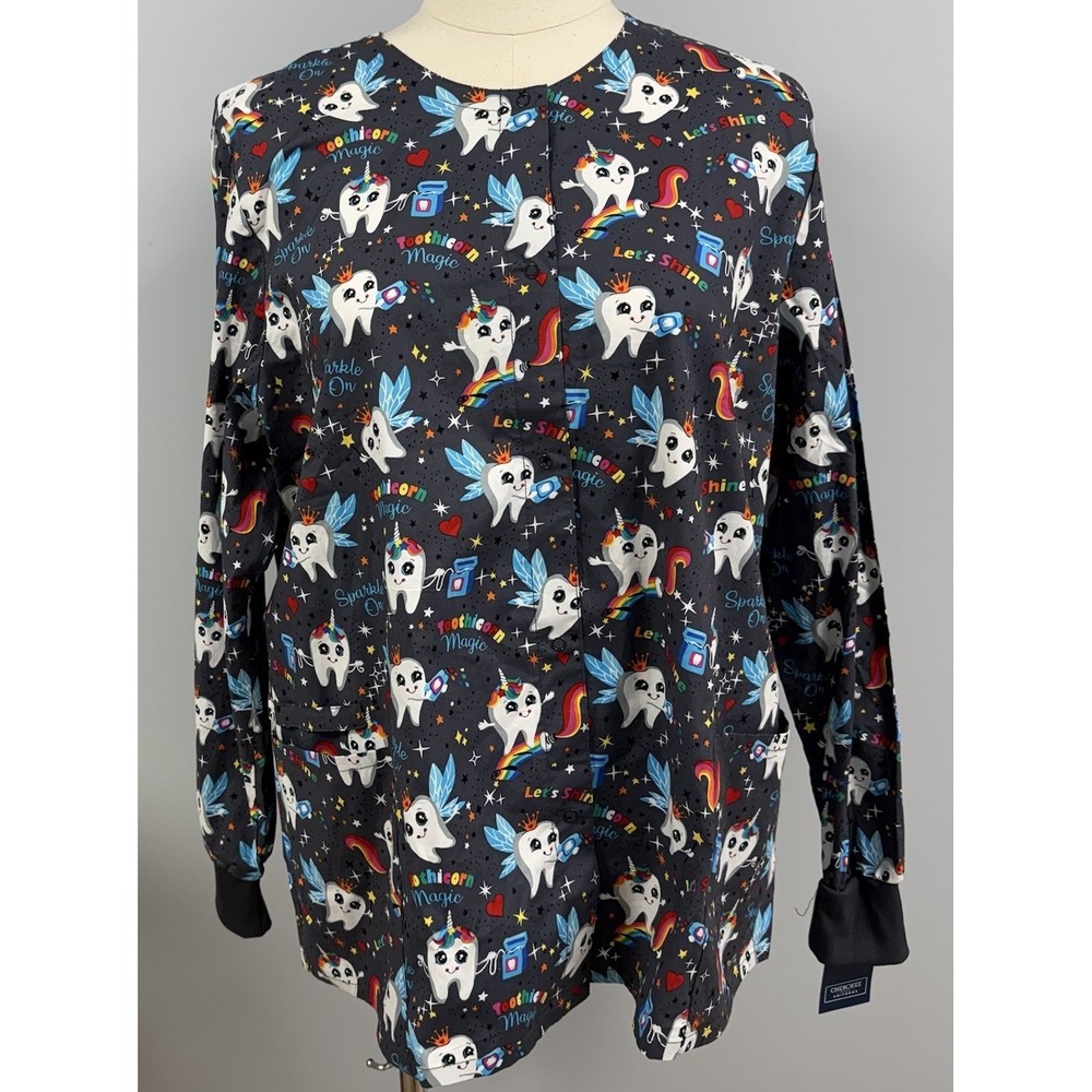 NWT Cherokee Scrub Jacket 3X Rainbow Toothicorn On Gray Scrubs Dental Hygienist